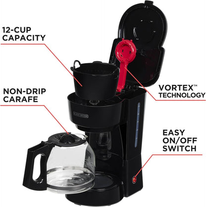BLACK+DECKER 12-Cup Coffee Maker with Easy On/Off Switch, Easy Pour, Non-Drip Carafe with Removable Filter Basket, Vortex Technology, Black