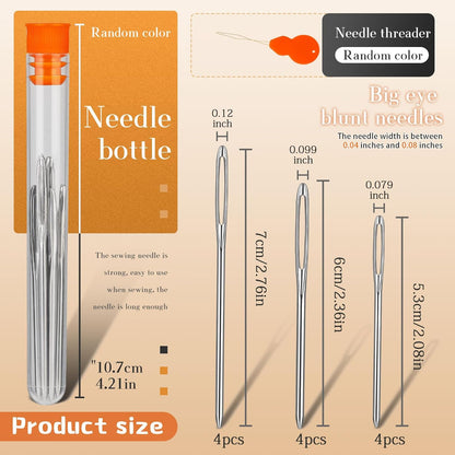 TLKKUE 12 Pcs/3 Sizes Large-Eye Blunt Needles, Steel Yarn Needle with Needle Threader, Tapestry Needle for Sewing Crochet Knitting Embroidery (Silver 2.08in/2.36in/2.76in)