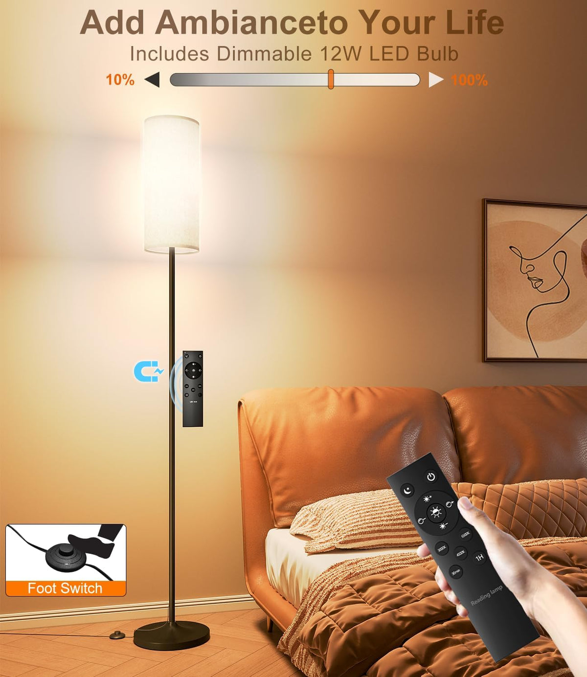 luckystyle Dimmable Floor Standing Tall Lamp, 12W Led Bulb with Lampshade, Foot Switch, Remote Custom Color Temperature Pole for Bedroom, Office, Kids & Living Room, Black