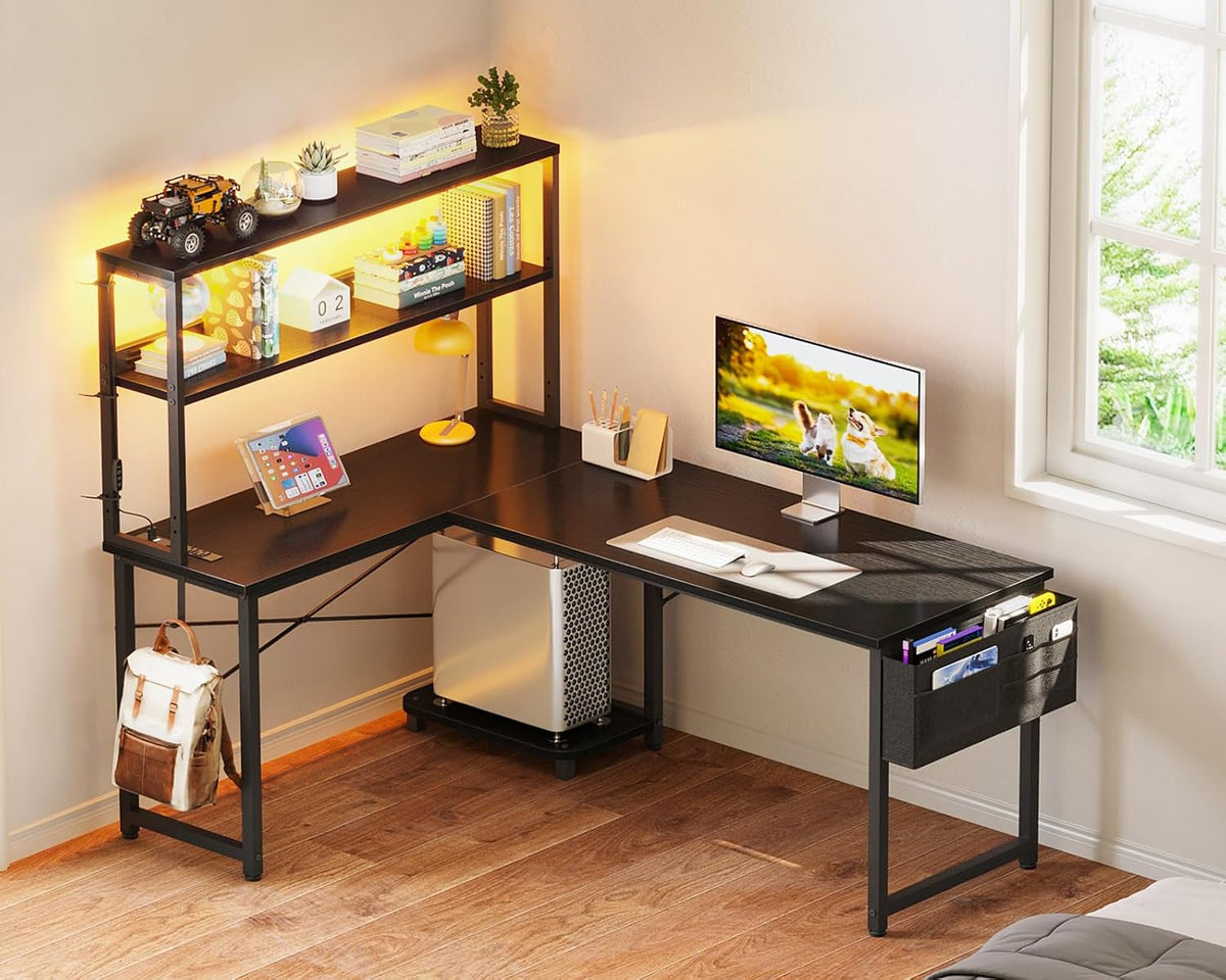 ODK 53 Inch L Shaped Desk with LED Lighting, Reversible Gaming Desk with Power Outlets, Cornor Computer Table with Storage Shelves & Bag & Iron Hook, Home Office Table for Writing, Study, Black