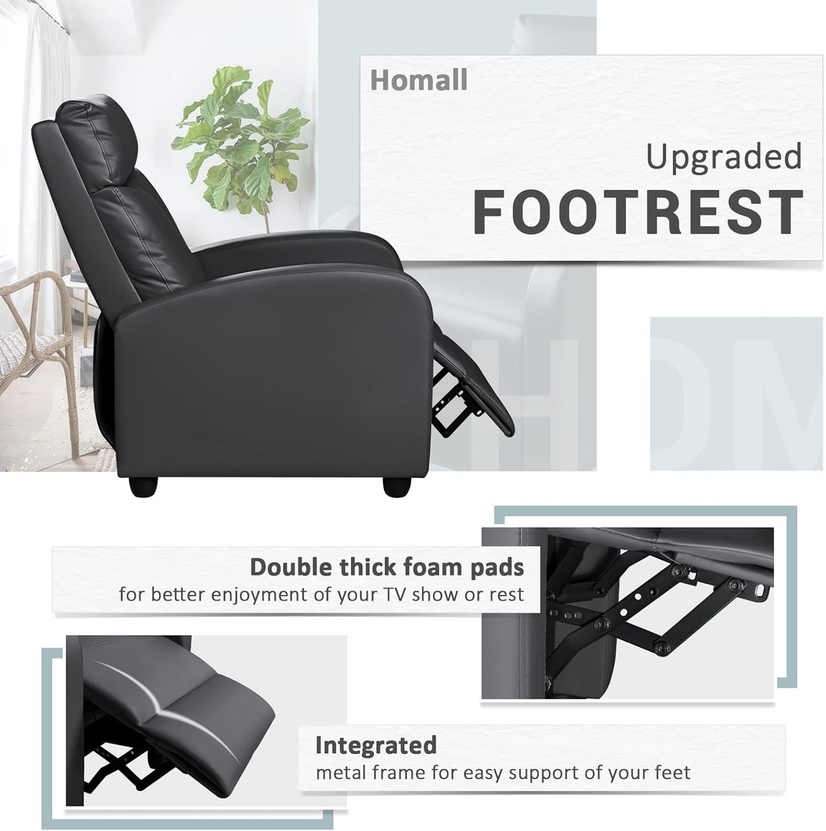 Homall Modern Recliner Chair Padded Seat Pu Leather for Living Room Single Sofa Recliner Seat Club Chair Home Theater Seating (Black)