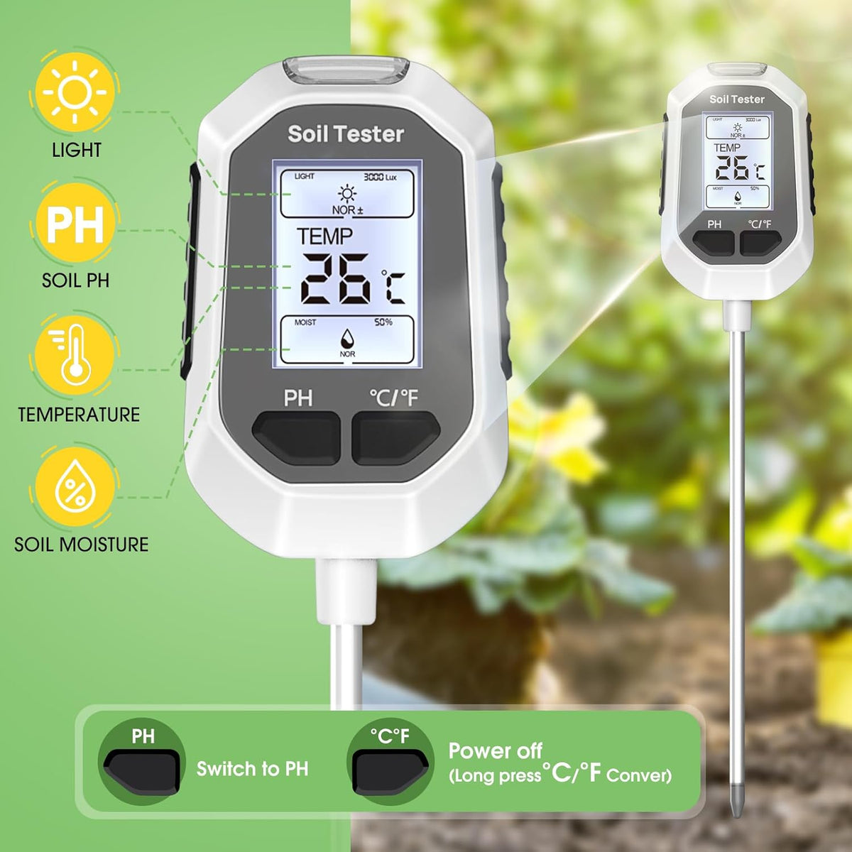 4-in-1 Soil Moisture Meter, Digital Plant Temperature/Soil Moisture Test & PH Meter/Sunlight Intensity, Backlight LCD Display for Gardening, Farming and Outdoor Plants