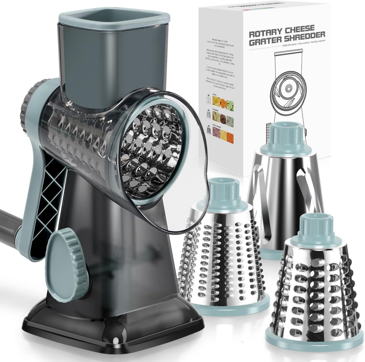 KEOUKE Rotary Cheese Grater Hand Crank Transparent - Shredder Slicer Grinder 3 Stainless Steel Blades, Stable Suction, Labor-Saving Handle, Safe Kitchen Tool for Cheese, Vegetable, Nuts, Chocolate