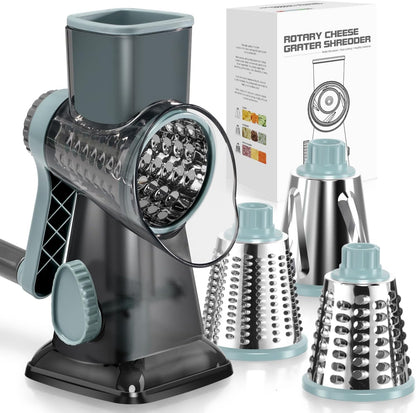 KEOUKE Rotary Cheese Grater Hand Crank Transparent - Shredder Slicer Grinder 3 Stainless Steel Blades, Stable Suction, Labor-Saving Handle, Safe Kitchen Tool for Cheese, Vegetable, Nuts, Chocolate