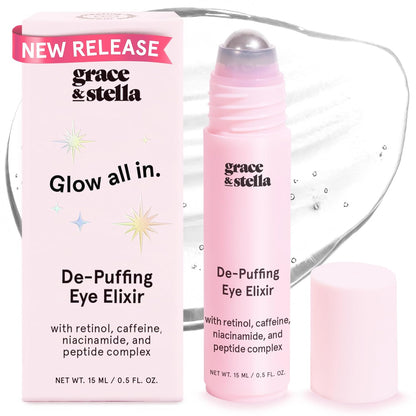 grace & stella Under Eye Brightener Roller - Travel Size Toiletries - Retinol Caffeine Eye Serum for Dark Circles Wrinkles 15ml