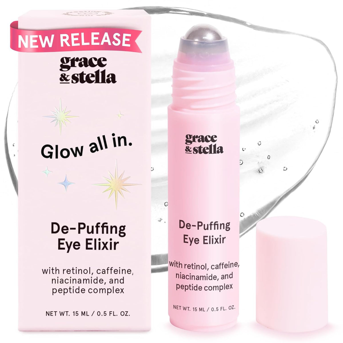 grace & stella Under Eye Brightener Roller - Travel Size Toiletries - Retinol Caffeine Eye Serum for Dark Circles Wrinkles 15ml
