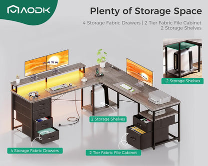 AODK 66" L Shaped Desk, 113" Computer Desk with File Cabinet & 4 Fabric Drawers, Home Office Desk with Monitor Shelf & Power Outlet, Two Person Desk or Corner Desk, Gaming Table with LED Light, Grey