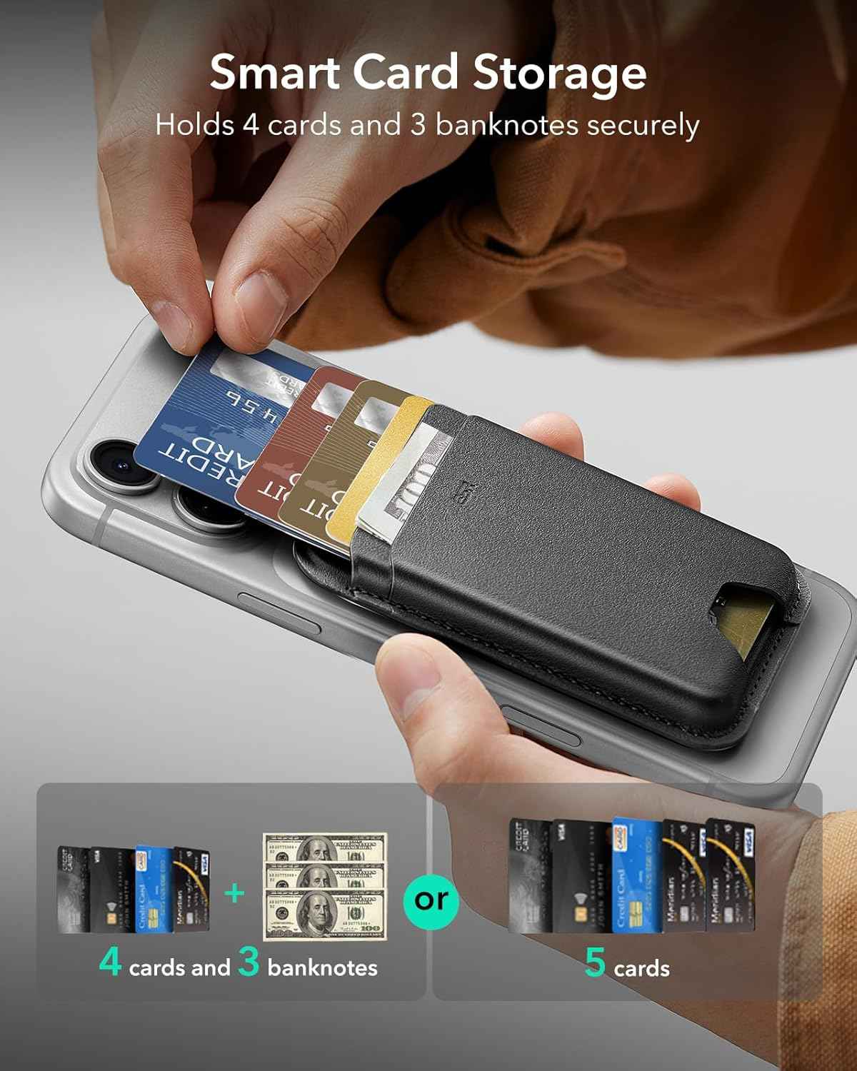 ESR for MagSafe Wallet, 5-Card Holder With RFID Blocking, MagSafe Sticker Included, Slim Magnetic Wallet for iPhone 17/16/15/14/13/12 Series and Selected Samsung Devices, Not for 13/12 Mini, Black
