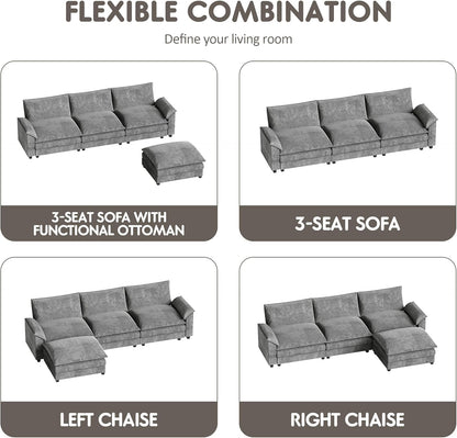 Homall 119" Modular Sectional Sofa, L Shaped Sofa Couch with Reversible Ottoman, DIY Combination Chenille Deep 3-Seat Cloud Couch for Living Room, Apartment (Light Grey, L Shaped Sofa)