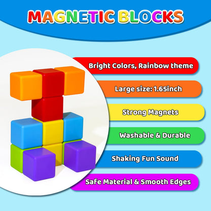 Magnetic Building Blocks Large, 1.65 inch Magnetic Stacking Cubes for Toddlers, Sensory & Montessori Toys for Boys & Girls 1 2 3 Years Old (12 PCS)
