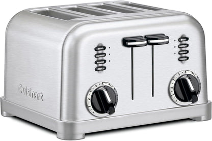 Cuisinart 4 Slice Compact Stainless Steel Toaster with Extra-Wide Slots for Bread, French Toast, Bagels & Pastries, Defrost & Reheat Functions, CPT-180P1, Brushed Stainless, Removable Crumb Tray