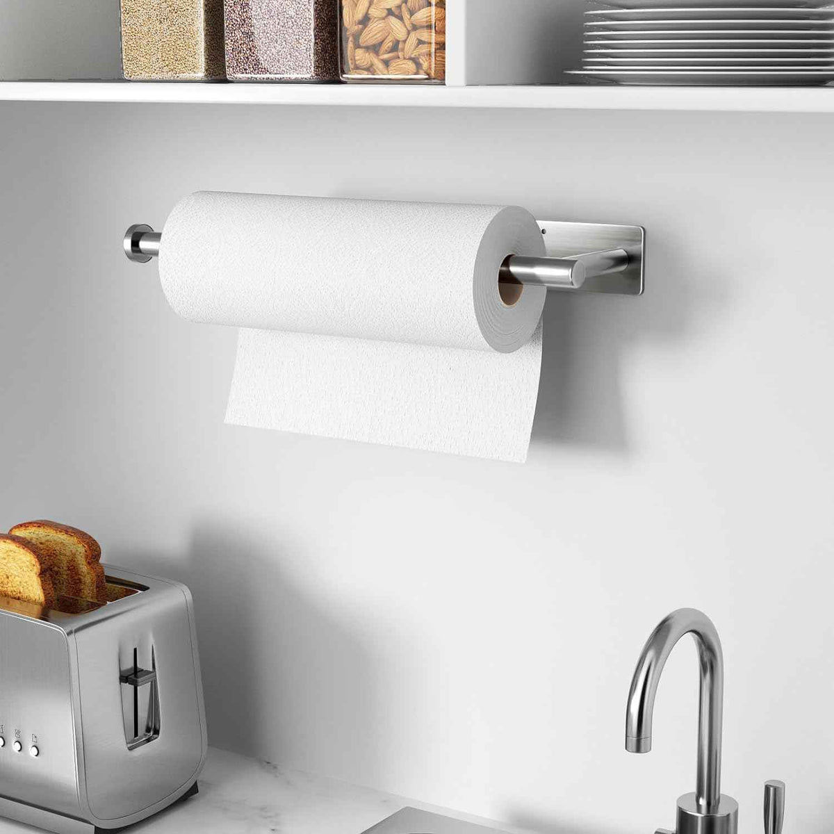 Paper Towel Holder - Self-Adhesive or Drilling, Brushed Nickel, Wall Mounted, SUS304 Stainless Steel Kitchen Roll Dispenser Under Cabinet