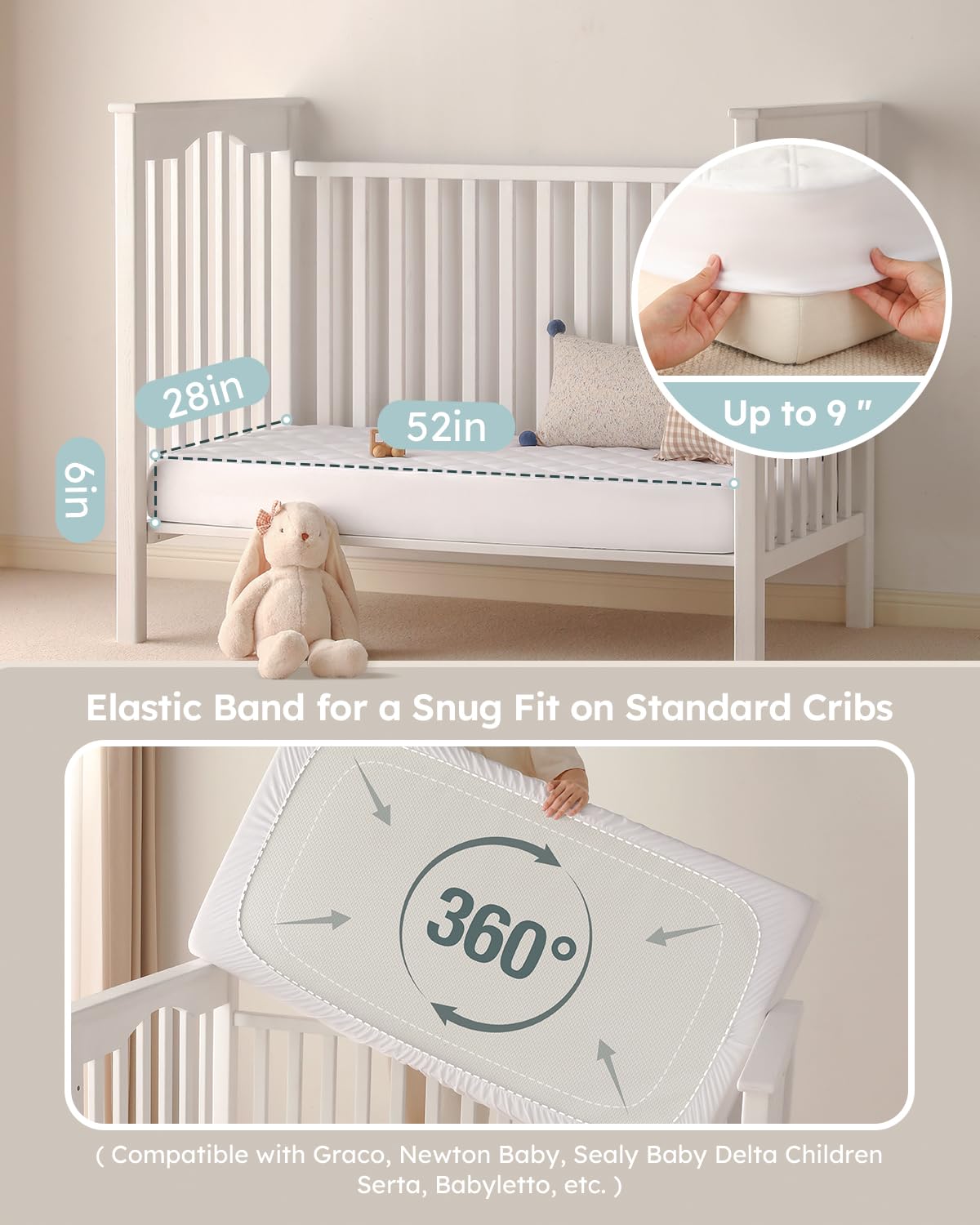 Yoofoss Waterproof Crib Mattress Protector 2 Pack, Quilted Crib Mattress Pad Cover Ultra Soft and Breathable, Machine Washable Toddler Mattress Protector for Standard Baby Crib Size 52''x28''
