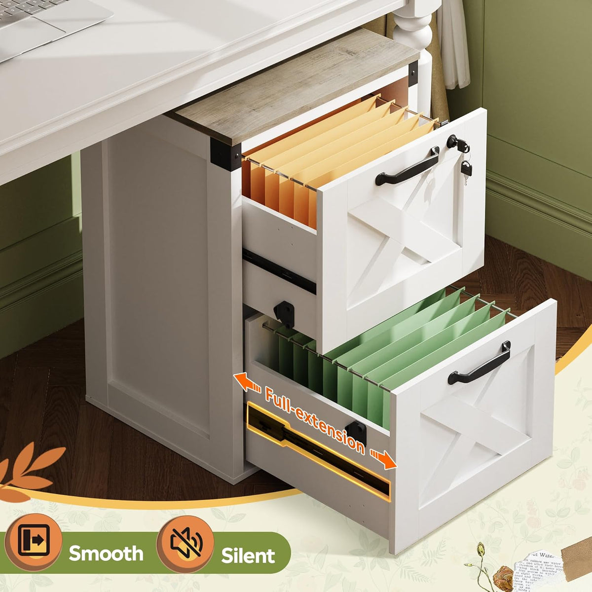 DEVAISE 2 Drawer File Cabinet with Lock, Wood Farmhouse Filing Cabinet for Home Office, Printer Stand Fits Letter and A4 Size, White
