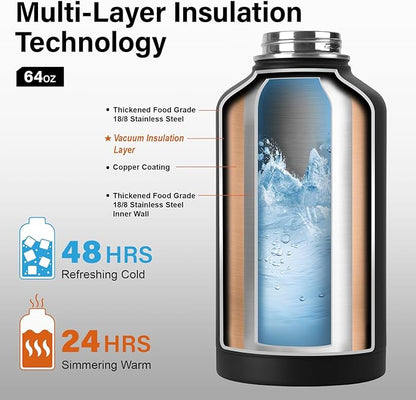 Insulated Water Bottle | Thickened Stainless Steel Vacuum Metal Thermos | Portable Sports Half Gallon Large Water Jug for Gym and Hiking with Straw, Carrier Bag, Handle Strap | BPA-Free 64 oz