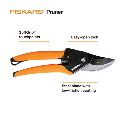 Fiskars Bypass Pruning Shears, 5/8-Inch Cut Capacity SoftGrip Hand Pruner for Small Hands, Blade Stays Sharp Through Heavy Use with Rust Resistant, Low-Friction Coating