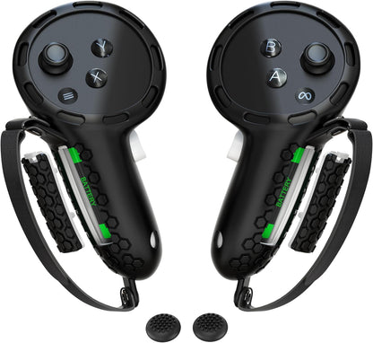 Controller Grips Compatible with Meta Quest 3S Oculus Quest 3 Controllers Straps Knuckle Hand Strap with Battery Opening Covers with Thumbsticks Covers Black, Batteries Not Included