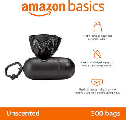 Amazon Basics Dog Poop Bags with Dispenser, 300 Count, Enhanced for Guaranteed Leakproof, Unscented, Includes Leash Clip