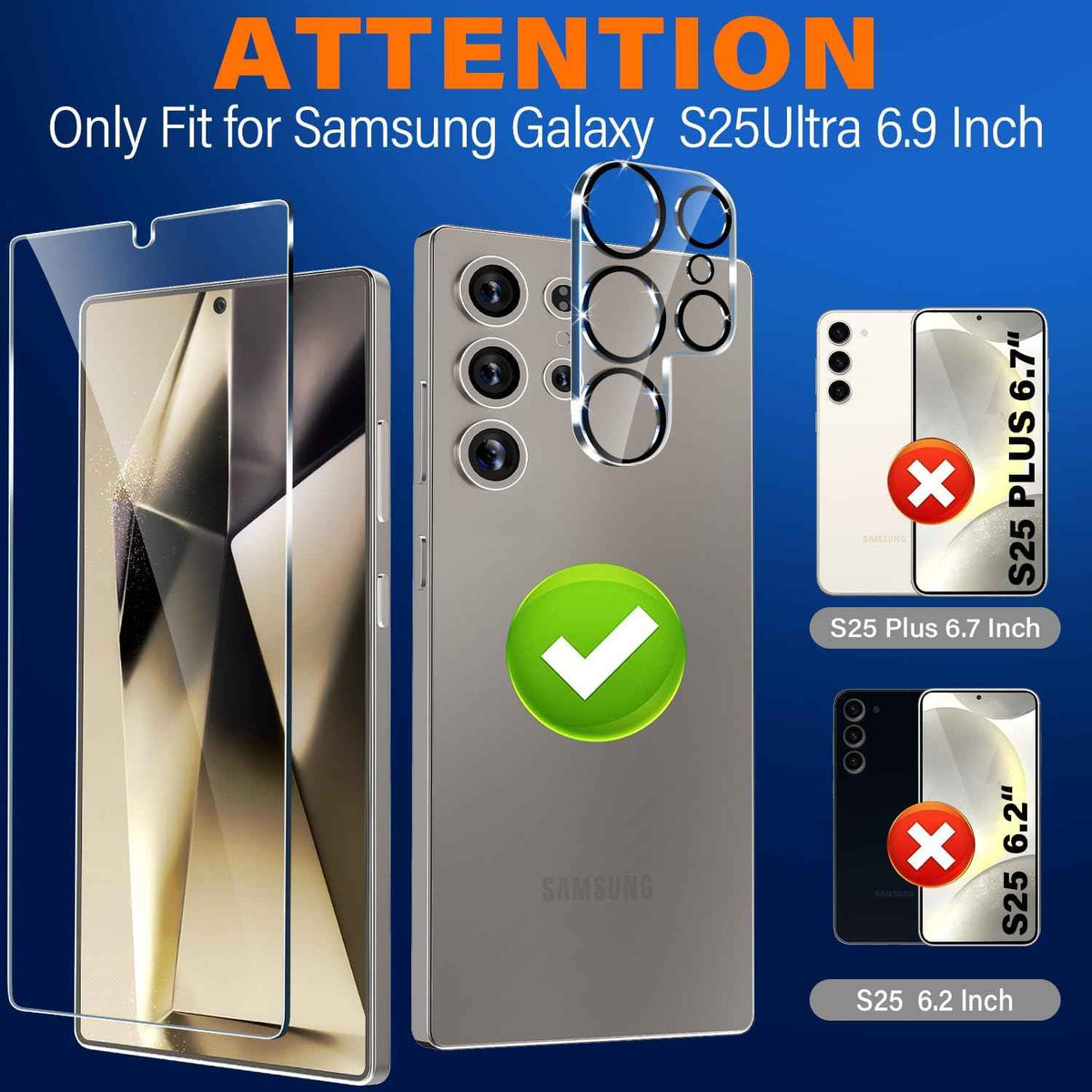 3 Pack Glass Screen Protector for Samsung Galaxy S25 Ultra [6.9 inch] + 3 Pack Camera Lens Protector, 9H Tempered Glass, Fingerprint Unlock, HD Clear Case Friendly Anti-Scratch