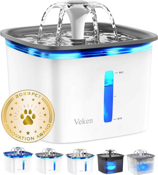Veken Innovation Award Winner 95oz/2.8L Pet Fountain, Automatic Cat Water Fountain Dog Water Dispenser with Replacement Filters for Cats, Dogs, Multiple Pets (Grey, Plastic)