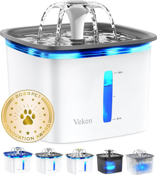 Veken Innovation Award Winner 95oz/2.8L Pet Fountain, Automatic Cat Water Fountain Dog Water Dispenser with Replacement Filters, Gifts for Christmas, Cats, Dogs, Multiple Pets (Grey, Plastic)