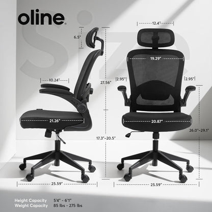 Oline ErgoAir Ergonomic Office Chair – Adjustable Lumbar Support, Flip-Up Armrests, Mesh Computer Desk Chair, Swivel Rolling Executive Gaming Chair for Home & Office (Black)