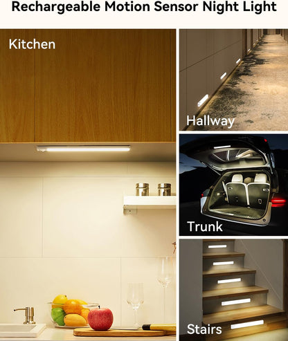 Under Cabinet Lighting 8 Inches Rechargeable Motion Sensor Light Indoor, 3 Color Dimmable Closet Light Battery Operated, USB Stick on LED Magnetic Under Counter Lights for Kitchen Stair, 3 Packs