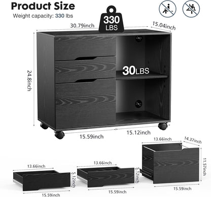 DUMOS Lateral File Cabinet with 3 Drawers Rolling Filing Cabinets Under Desk Storage Printer Stand Wood Organizer with Wheels Adjustable Shelf for Office Home Small Space, Black