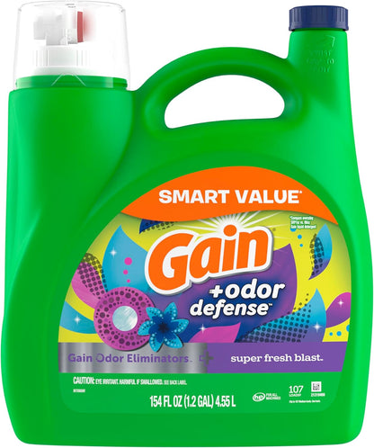 Gain + Odor Defense Liquid Laundry Detergent Super Fresh Blast Scent, HE Compatible, 107 Loads 154 fl oz, Gain Laundry Detergent, Liquid Laundry Detergent