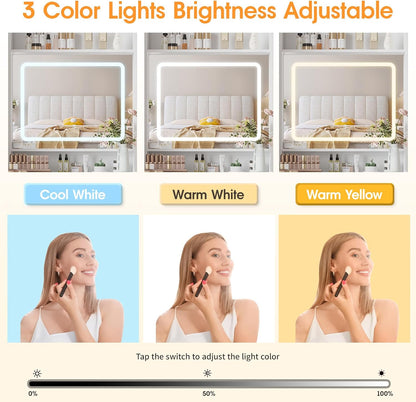 Vabches Make Up Vanity Desk with Mirror and Lights, White Vanity Table Set with Charger Station,Girls Small Vanity and Storage Chair