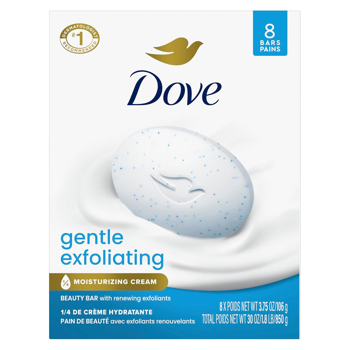 Dove Beauty Bar Soap 8 Bars Gentle Exfoliating, for Soft, Smooth Skin, Gently Renews Skin 3.75 oz