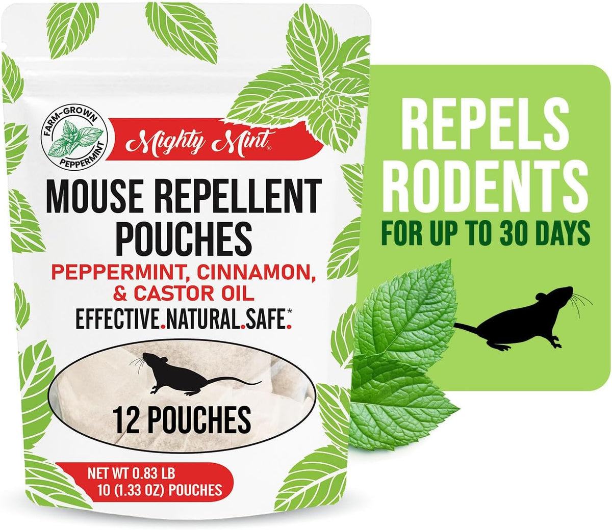 Mighty Mint Mouse Repellent Pouches – Peppermint, Castor Oil & Cinnamon Formula – Natural Indoor Deterrent for Mice and Rodents – Plant-Based, Long-Lasting Protection – 12 Count