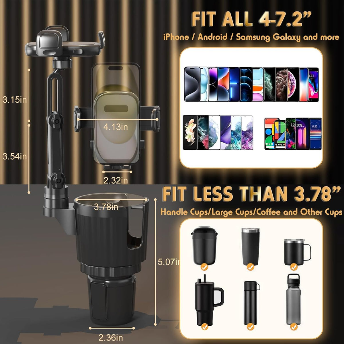 Phone Holders for Your Car, 2 in 1 Universal Cup Holder Expander Adjustable Base with Phone Mount, Long Arm with 360°Rotation Cup Holder Phones Mount for Car Compatible with All Smartphones - Rayz Mart
