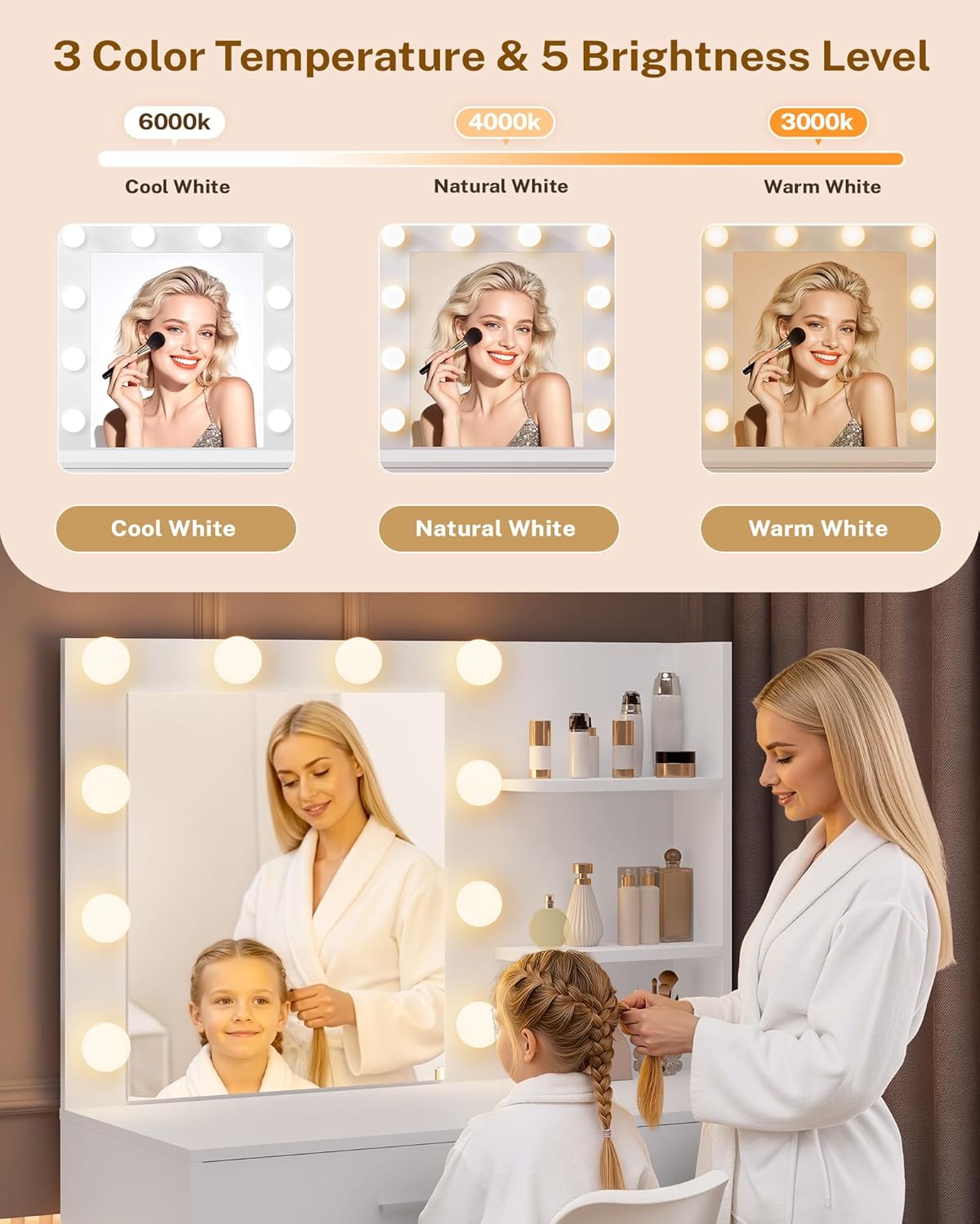 Lighted Makeup Vanity Desk, 35.4“W x 15.7'”D x 54“H, White (with Lights and Mirror, Dimming Function, 2 Drawers and 1 Cabiniet, Open Shelves) by Boahaus