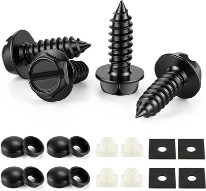 LivTee Rustproof License Plate Screws for Securing License Plates Frames and Covers on Cars and Trucks, 4 Sets Premium Stainless Steel Self Tapping Mounting Bolts (Black Zinc Plated)