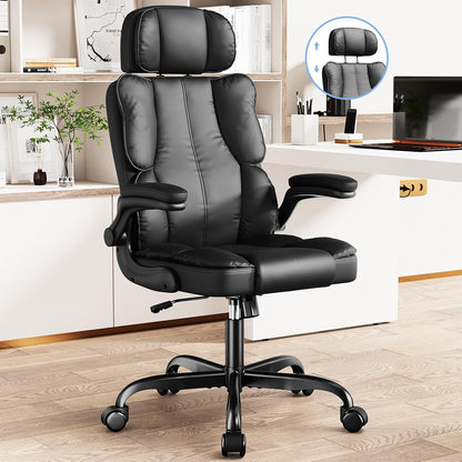 Executive Leather Office Chair, Computer Chair with Thick Cushion & Lumbar Support, Ergonomic Desk Chair with Adjustable Headrest & Armrests,Black