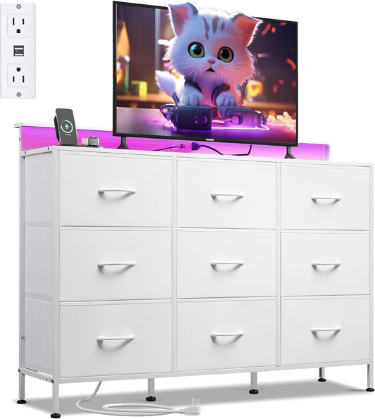 WLIVE White TV Stand for 45, 50, 55 inch TV, Entertainment Center with LED Lights & Charging Station, TV Media Console Table with 9 Fabric Drawers and Open Shelves for Living Room, Hallway, Wood Top