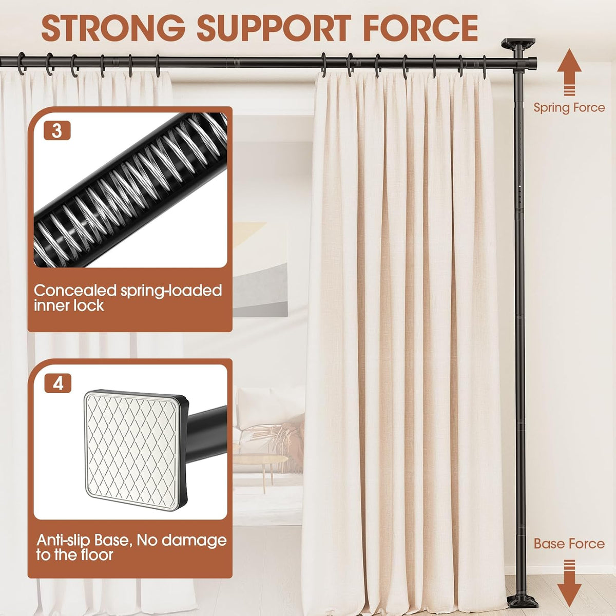 Room Divider Curtain Rod, No Drilling Room Separator for Space Partition Adjustable 4-10ft(H) 28-70inch(W) Heavy Duty Temporary Wall Divider Floor to Ceiling Tension Rod, Black