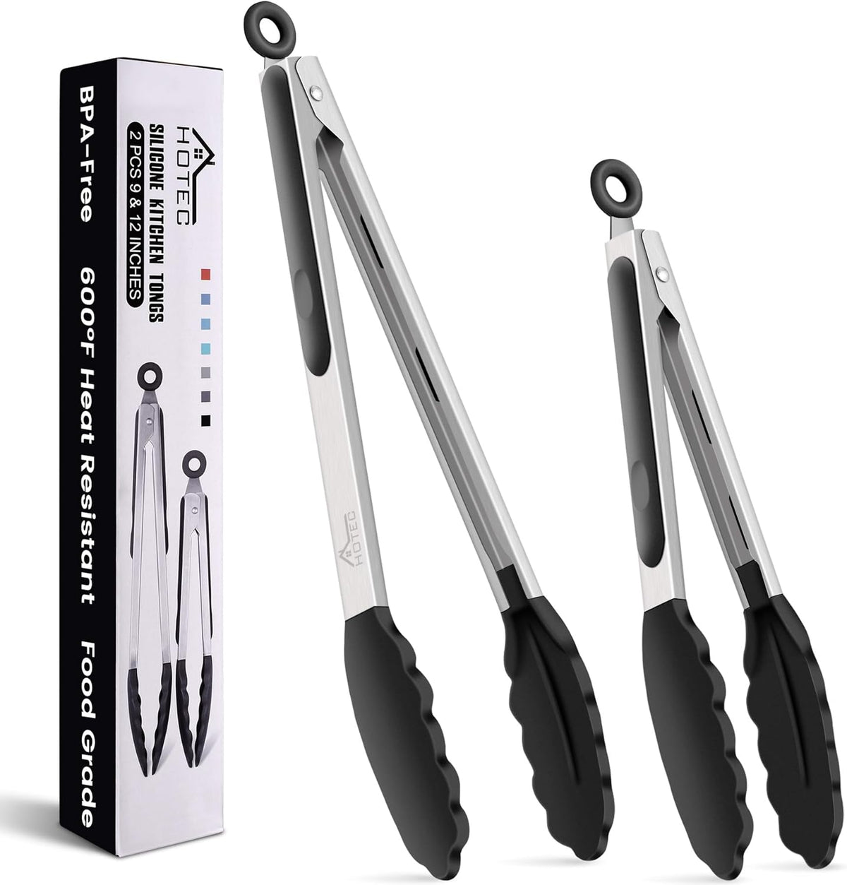 HOTEC Premium Stainless Steel Locking Kitchen Tongs with Silicon Tips, Set of 2-9" and 12"