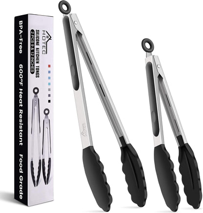 HOTEC Premium Stainless Steel Locking Kitchen Tongs with Silicon Tips, Set of 2-9" and 12"