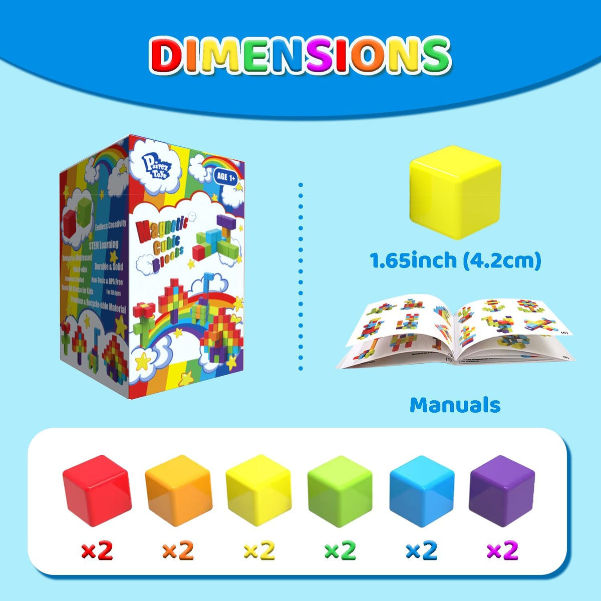 Magnetic Building Blocks Large, 1.65 inch Magnetic Stacking Cubes for Toddlers, Sensory & Montessori Toys for Boys & Girls 1 2 3 Years Old (12 PCS)