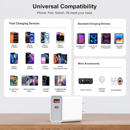 3 Pack USB C Wall Charger, 20W Durable Dual Port QC+PD 3.0 Power Adapter, Double Fast Plug Charging Block for iPhone 14/15/16/17 Pro/Pro Max/Plus, XS/XR/X, Watch Series 8/7 Cube，White