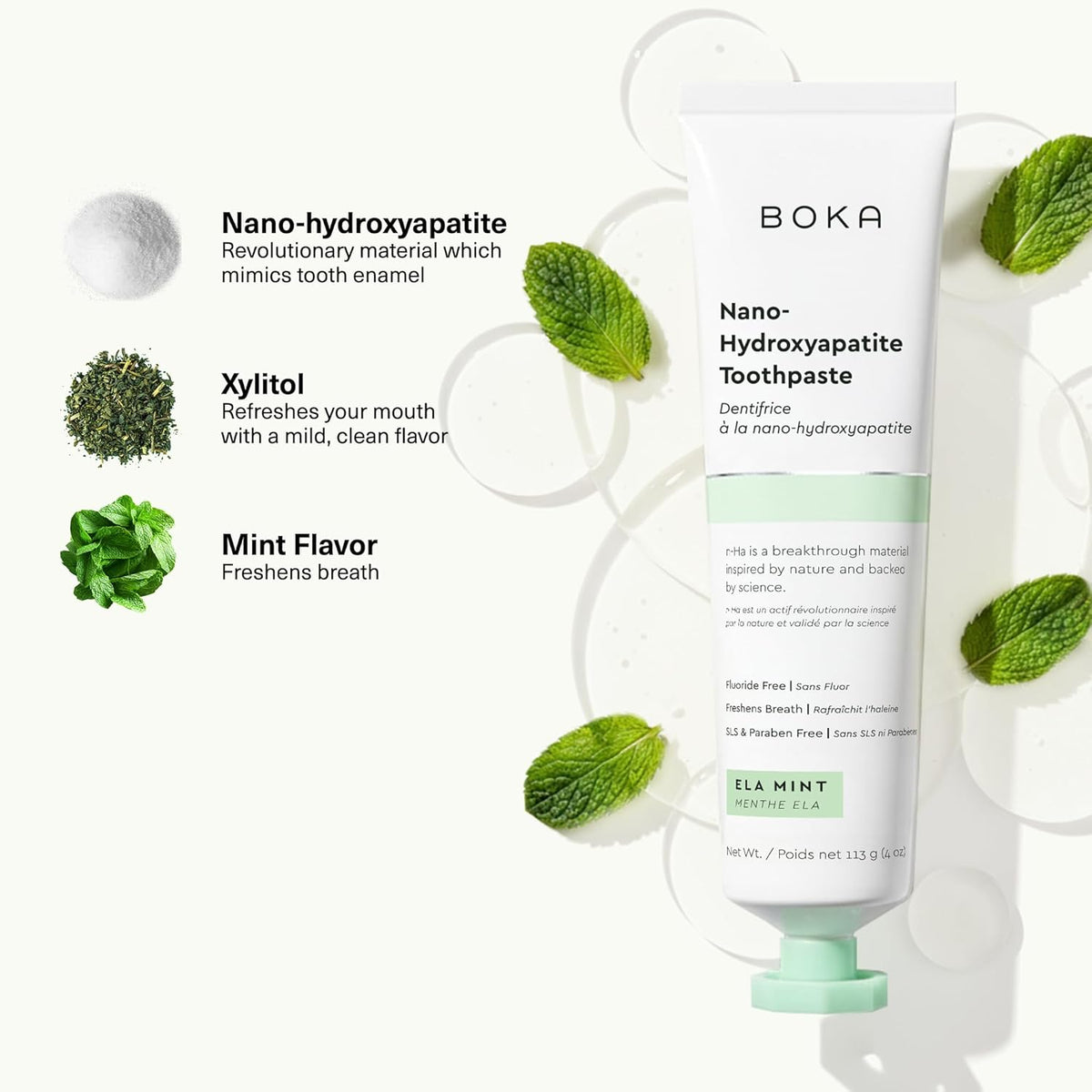 Boka Fluoride Free Toothpaste, Nano Hydroxyapatite Toothpaste, Appropriate for Sensitive Teeth - for Adult, Kids Oral Care - Ela Mint Flavor, 4 Fl Oz 1Pk US Manufactured