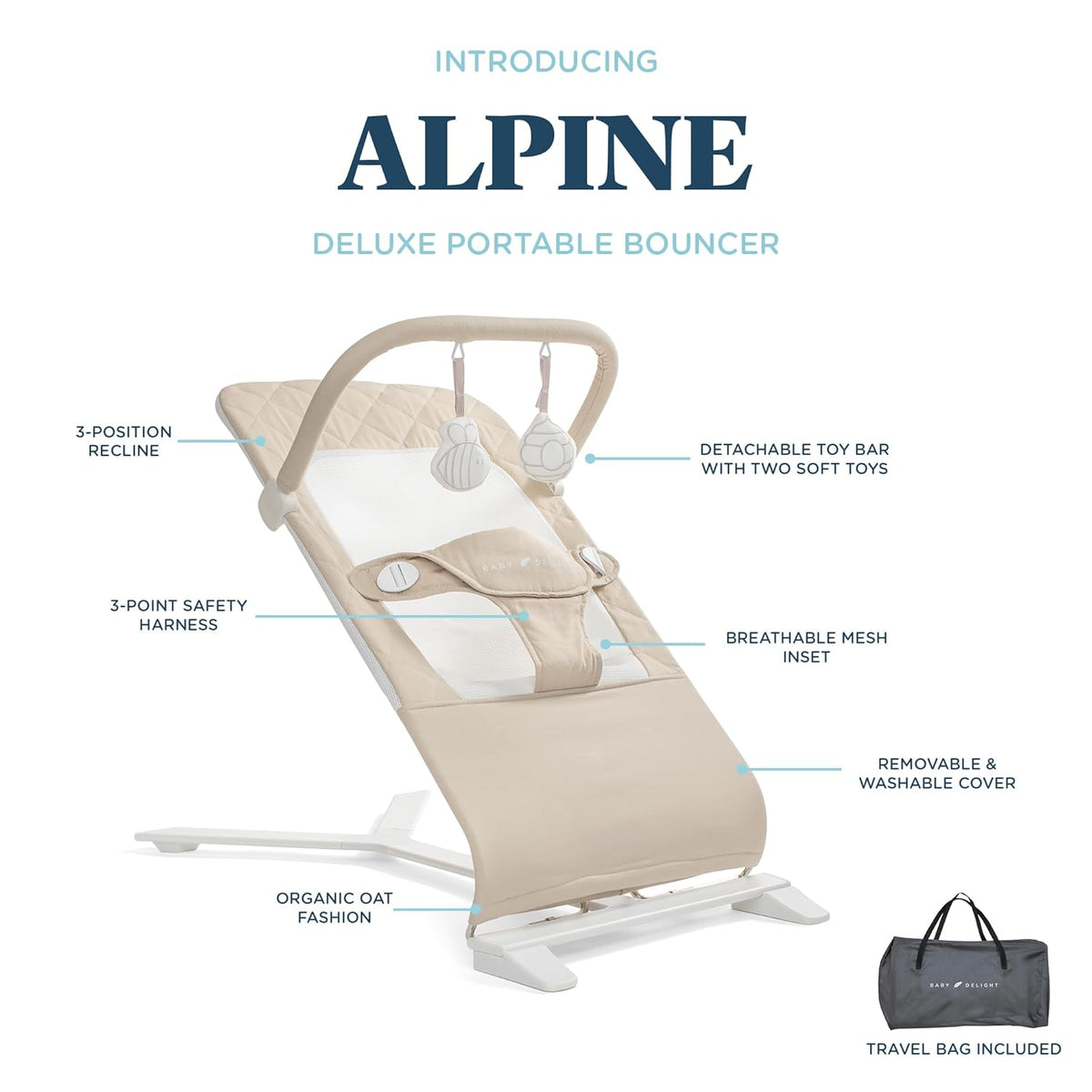 Baby Delight Alpine Deluxe Portable Bouncer, Infant, 0-6 Months, 100% GOTS Certified Cotton Fabrics, Organic Oat