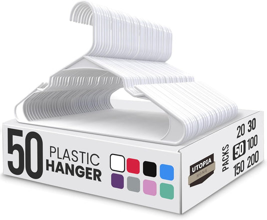 Utopia Home - Plastic Hangers 50 Pack - Space Saving Clothes Hanger - Durable and Strong Closet Organizers and Storage Makes It Ideal Stocking Stuffers or Apartment or Dorm Room Essentials (White)