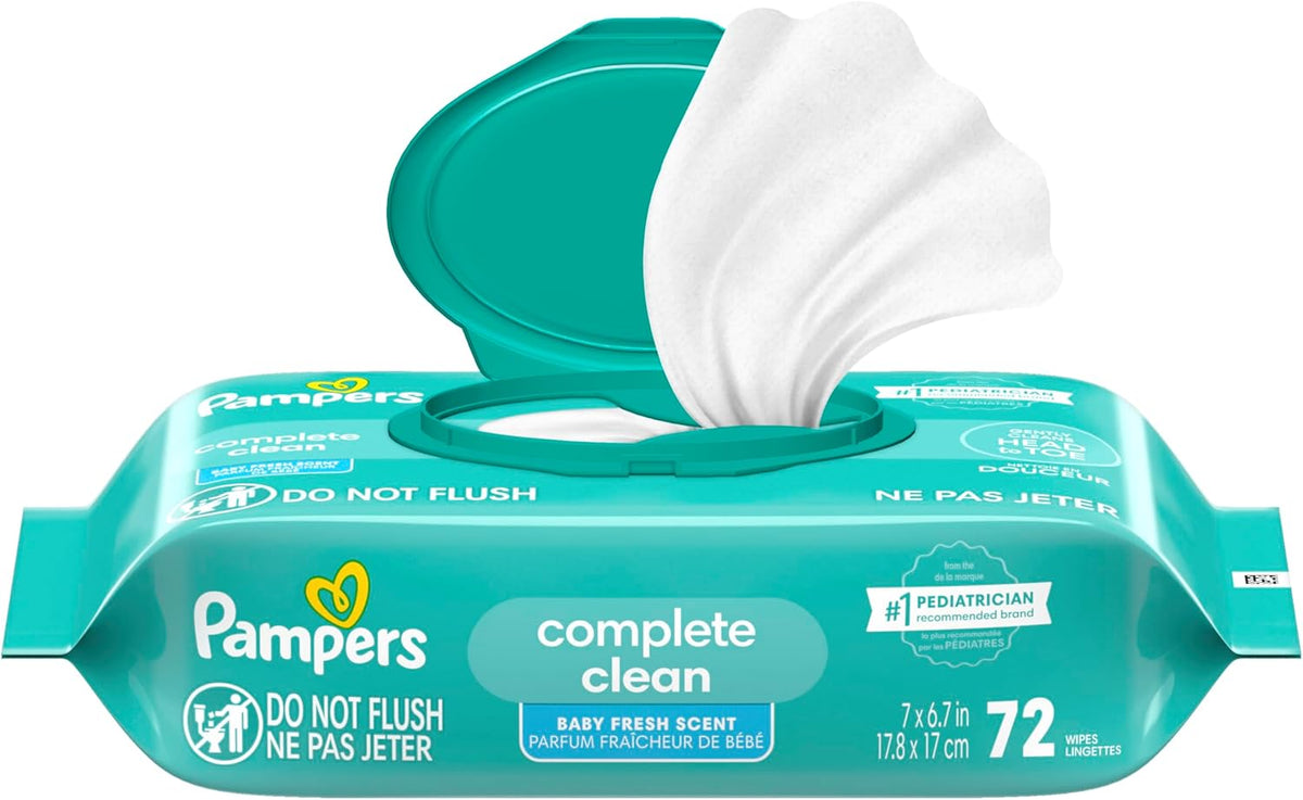 Pampers Baby Wipes, Complete Clean Baby Fresh Scented Wipe, Gently Cleans Head to Toe, 72 Total (1 Flip-Top Packs)