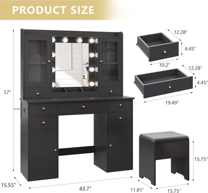 Makeup Vanity Desk with Mirror and Lights, Black Vanity Table Set with Storage Drawers, Charging Station, Cabinets & Chair, Large Dressing Table with RGB Ambient Light for Women Girls Bedroom Bathroom