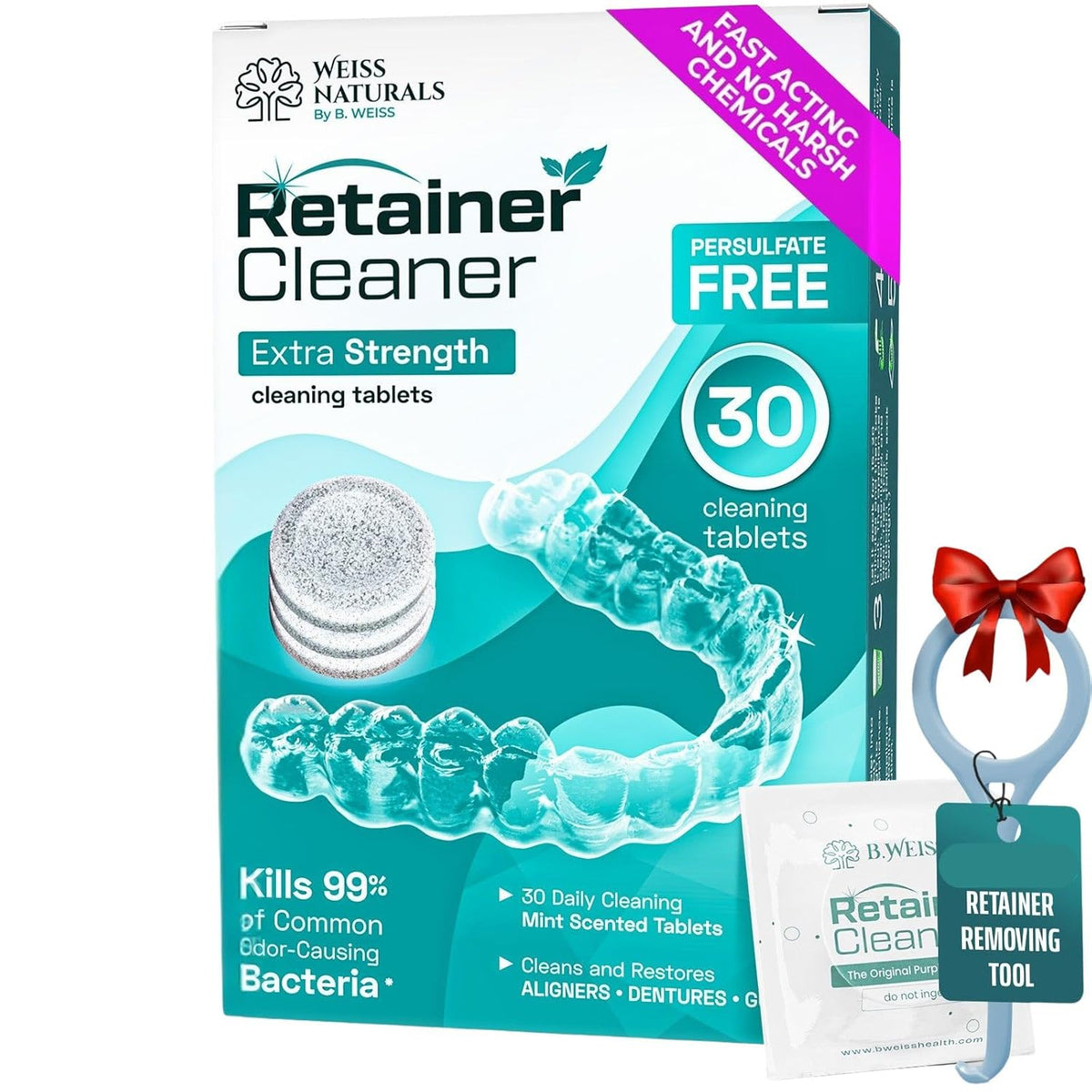Weiss Naturals Retainer Cleaner Tablets, Invisalign Cleaner, Remove Stains, Odors & Plaque, PERSULFATE FREE Night Guard & Denture Cleaner 1-Month Supply, 30 Mint Scented Tablets