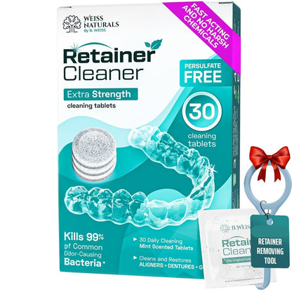 Weiss Naturals Retainer Cleaner Tablets, Invisalign Cleaner, Remove Stains, Odors & Plaque, PERSULFATE FREE Night Guard & Denture Cleaner 1-Month Supply, 30 Mint Scented Tablets
