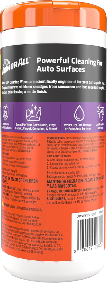 Armor All Interior Car Cleaning Wipes, 25 Count Canister, Powerful Cleaning for Dashboards, Vinyl, Clear Plastics, Carpet and Fabric